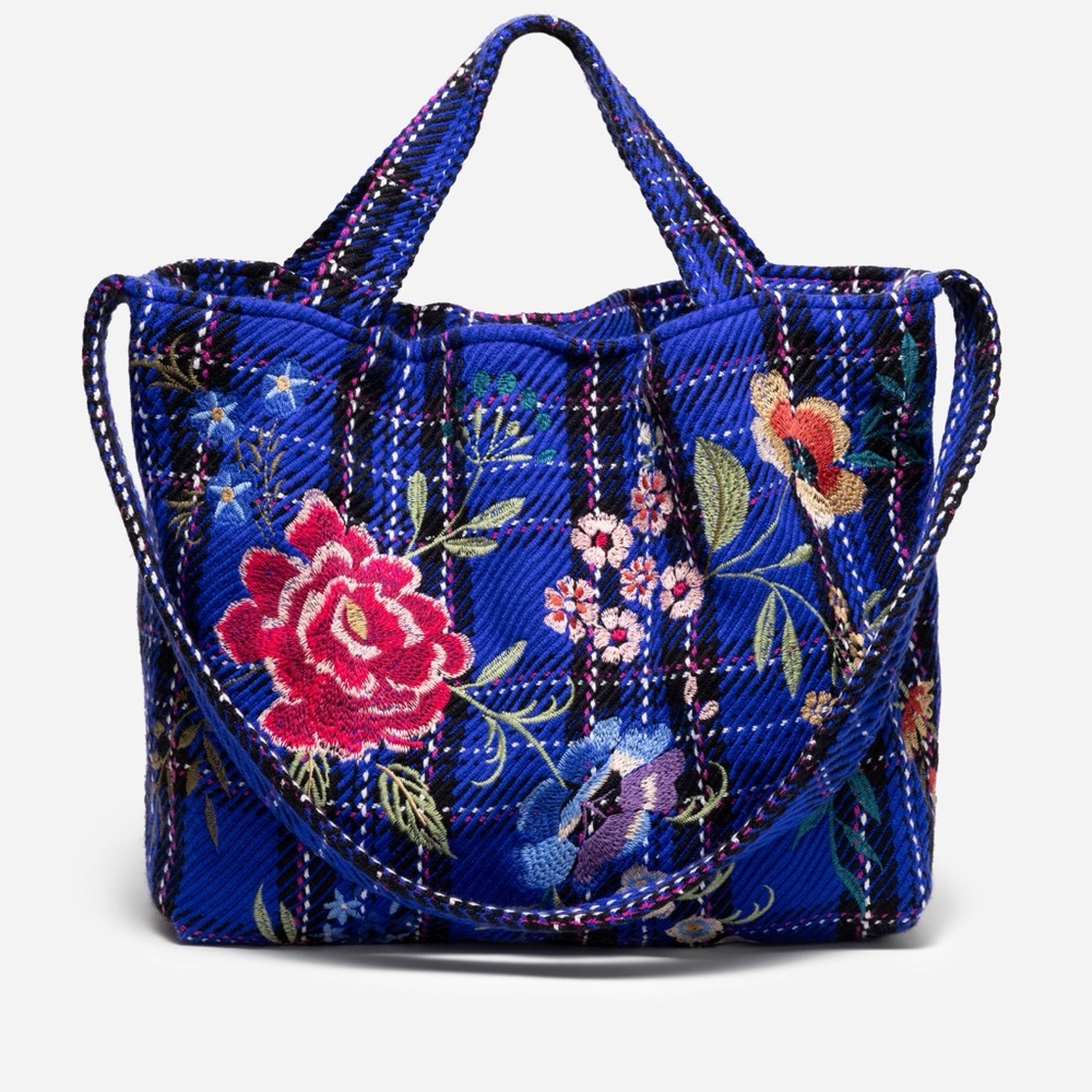 JOHNNY WAS MILA OVERSIZED BLUE PLAID TOTE FLORAL APPLIQUÉ SOLD OUT $295